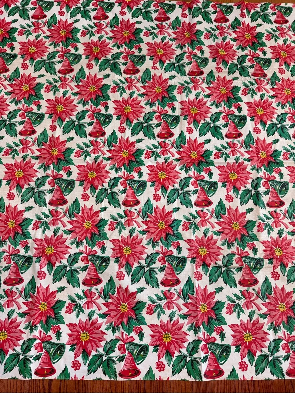 Vintage 1960s vinyl flannel back Christmas tablecloth rectangle 65x51” retro MCM